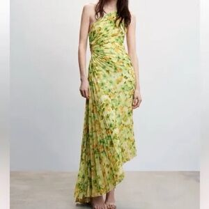 Mango Pleated Asymmetrical Floral Midi Dress with Cutout Detail